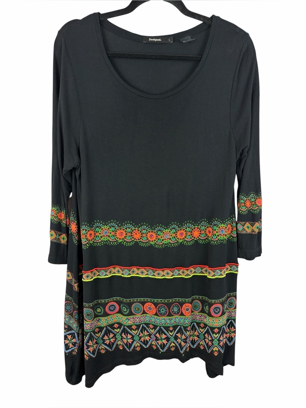 Desigual Black Boho Tunic Dress Floral Border Print Long Sleeve Size Large